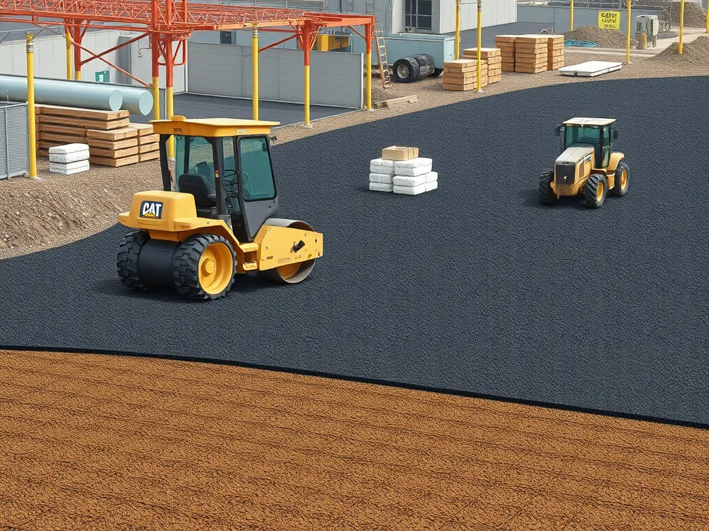 Two heavy machinery vehicles compacting asphalt during road construction.