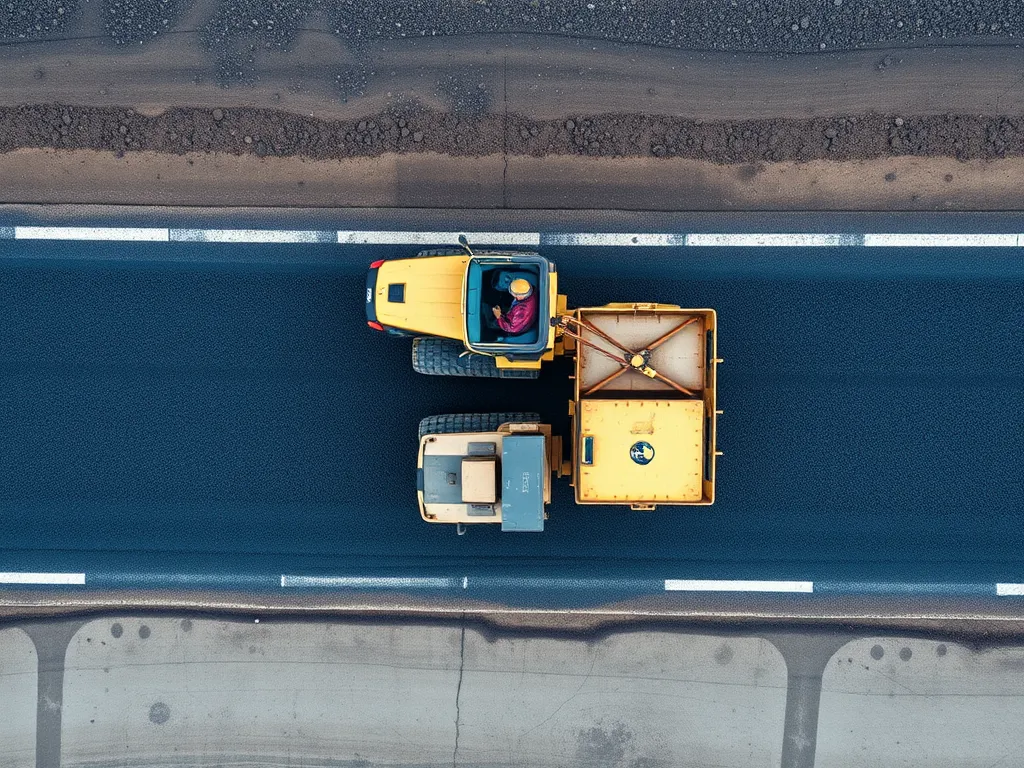 Aerial view of asphalt compaction process showing machinery working on a road.