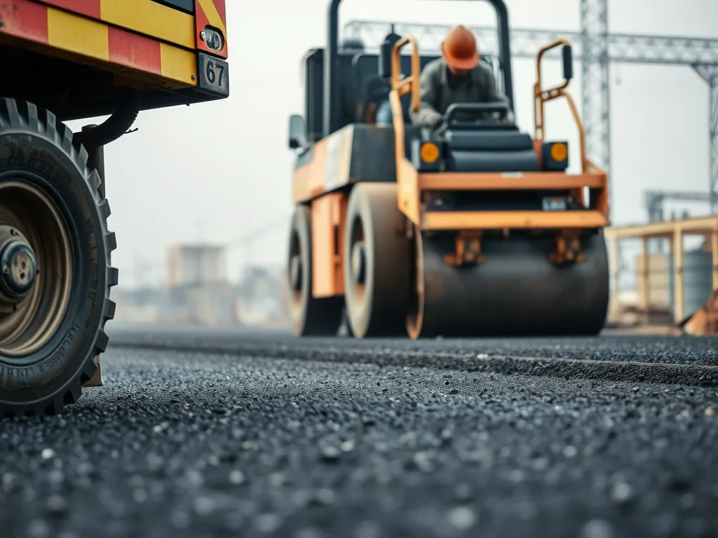 Heavy machinery performing asphalt compaction during excavation for paving.