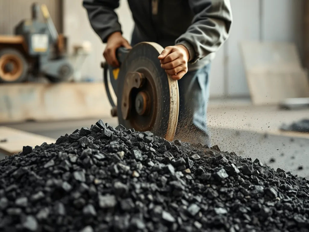 Worker using a saw on asphalt material for compaction during excavation