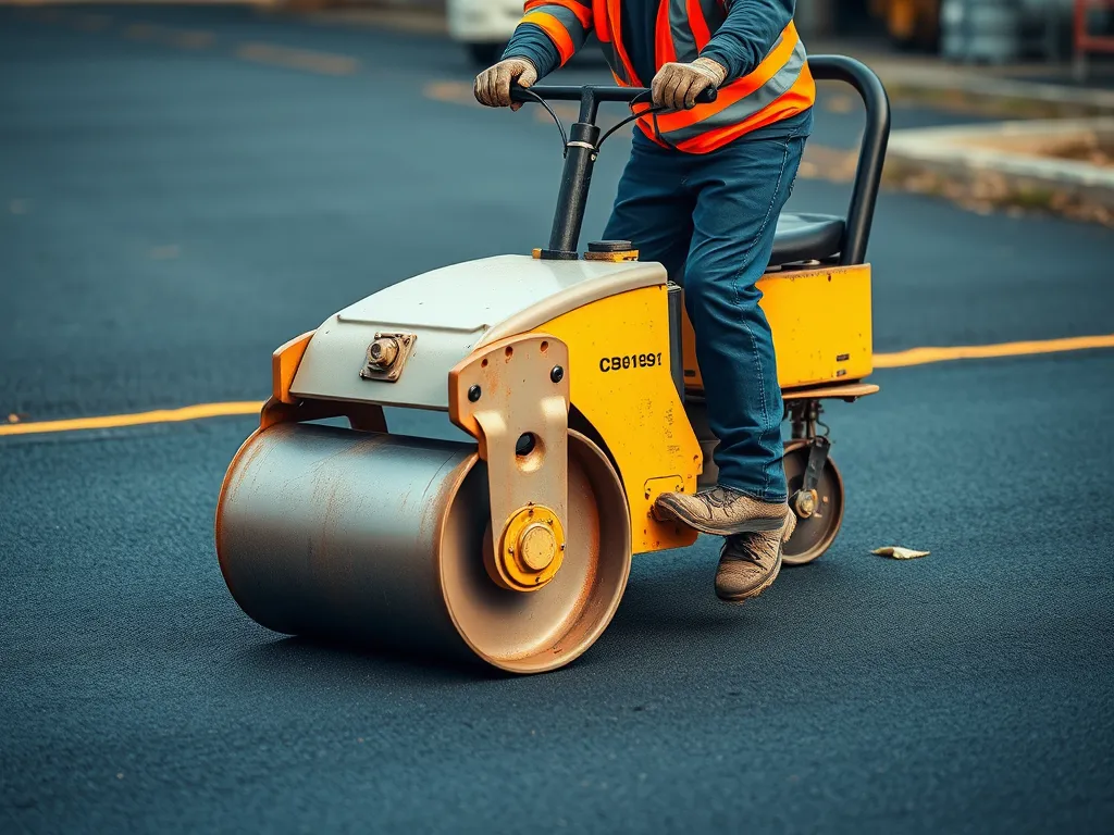 Worker using a roller for effective asphalt compaction on road surface