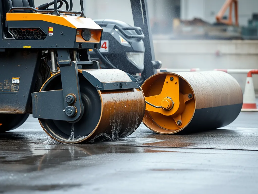 Heavy asphalt roller performing effective compaction on freshly laid asphalt surface.