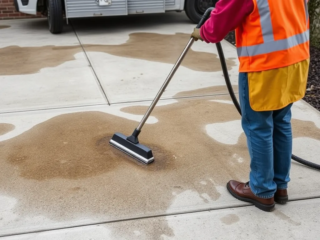 Person cleaning concrete surface as part of asphalt vs concrete cost-benefit analysis