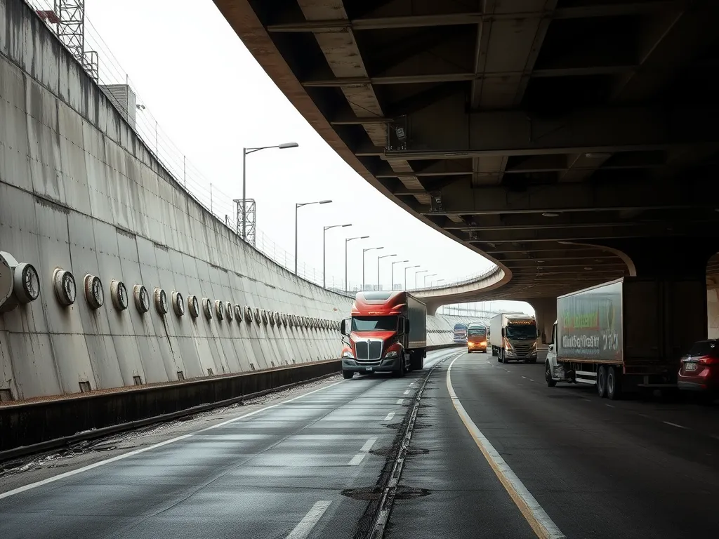 Trucks driving on an asphalt road highlighting the durability and long-term performance comparison of asphalt and concrete.