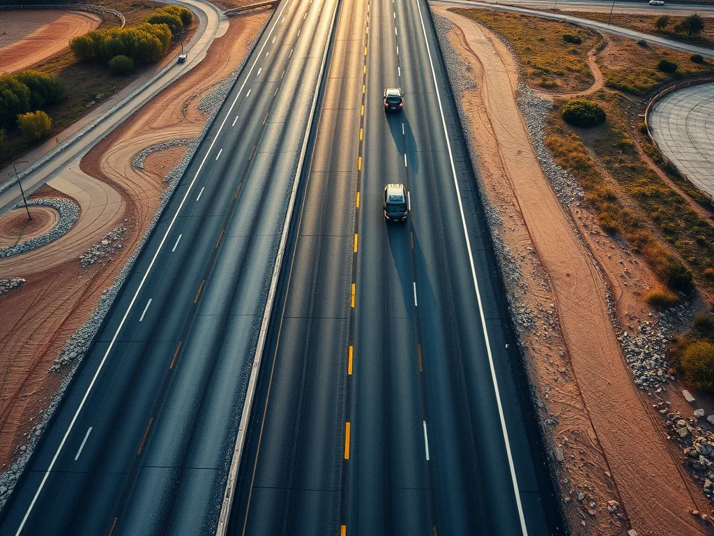 An aerial view of a smooth asphalt concrete road with vehicles, illustrating the durability and quality of asphalt concrete.
