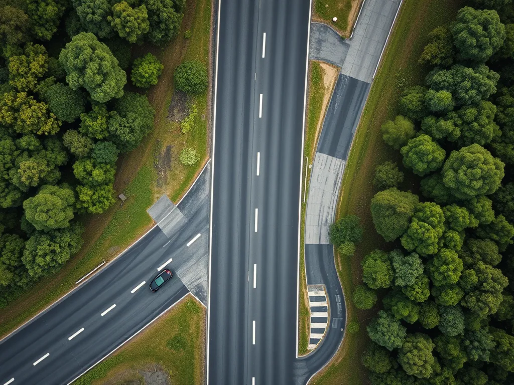 Aerial view of an asphalt concrete road surrounded by trees.