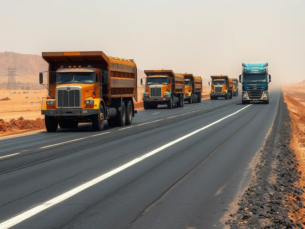 Trucks transporting asphalt concrete for road construction