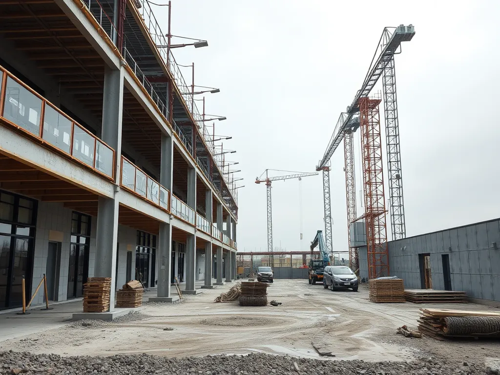 A construction site featuring asphalt paving and building materials, relevant to eco-friendly asphalt discussion.
