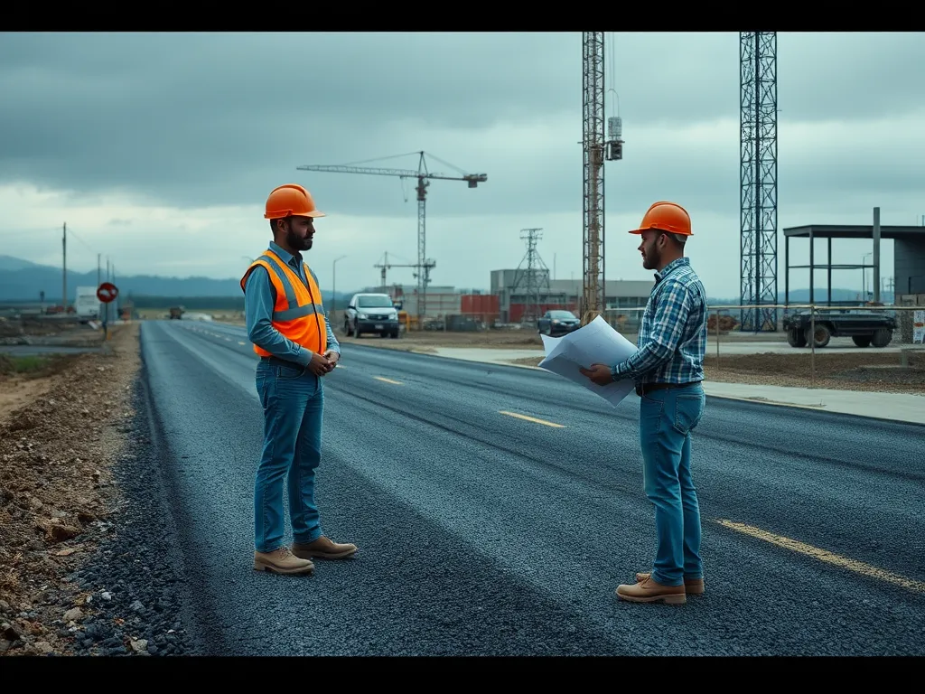 Two asphalt contractors discussing a project on a construction site.