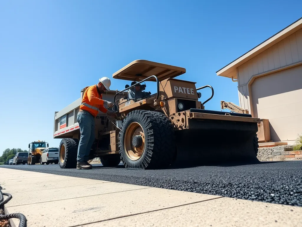 Asphalt contractor operating a paving machine during a road construction project