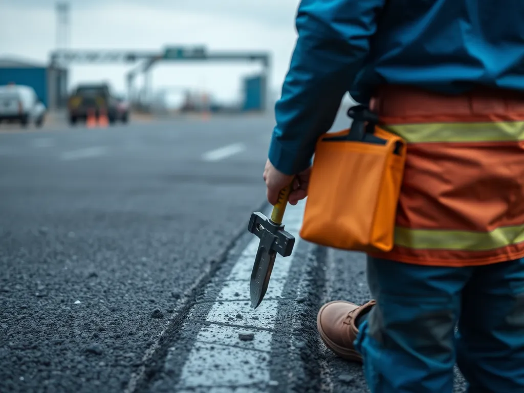 Construction worker inspecting asphalt work for contractor selection