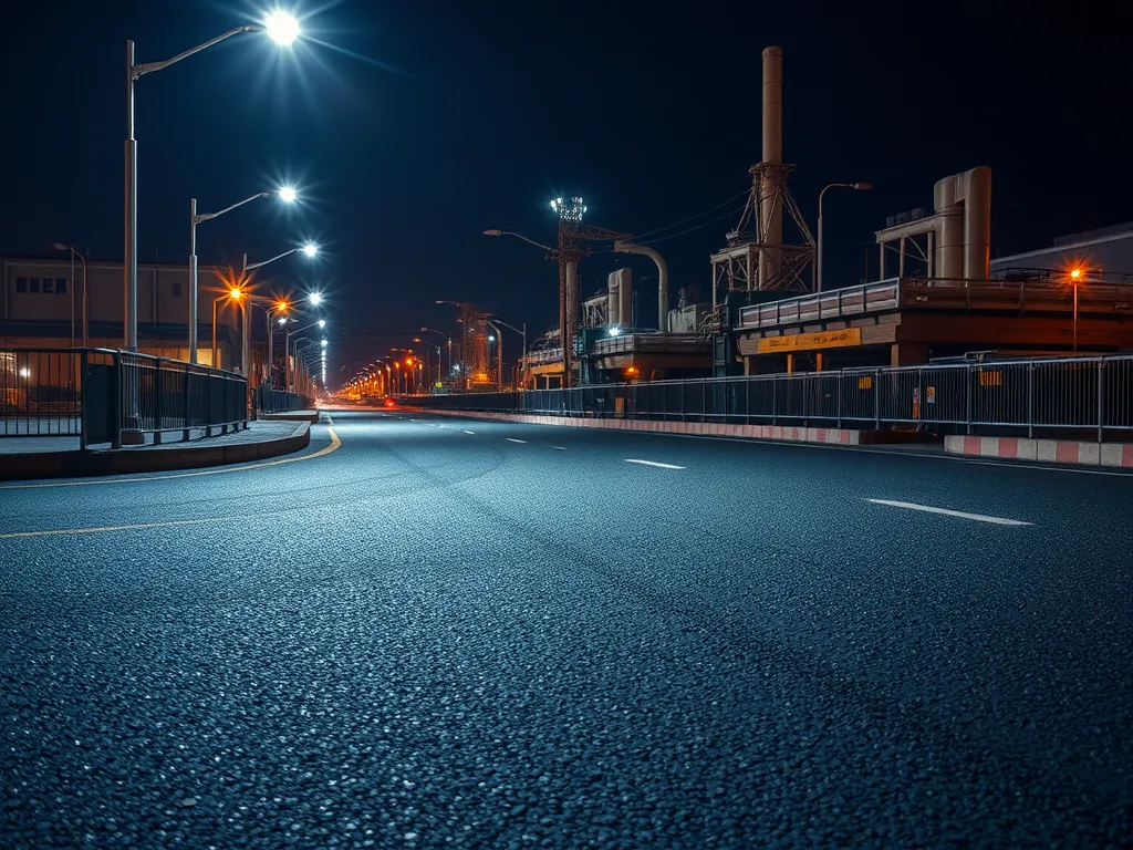 Night view of a newly laid asphalt road demonstrating effective cooling techniques