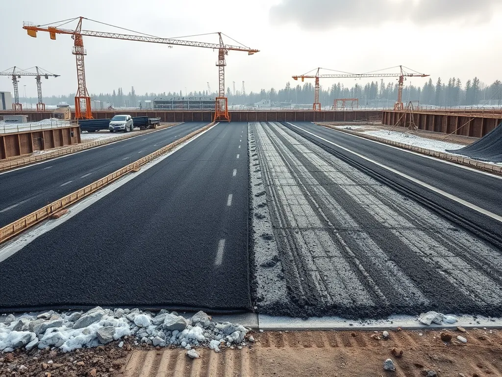 Highway construction image showcasing asphalt layers in various states, highlighting asphalt cost variations by state.