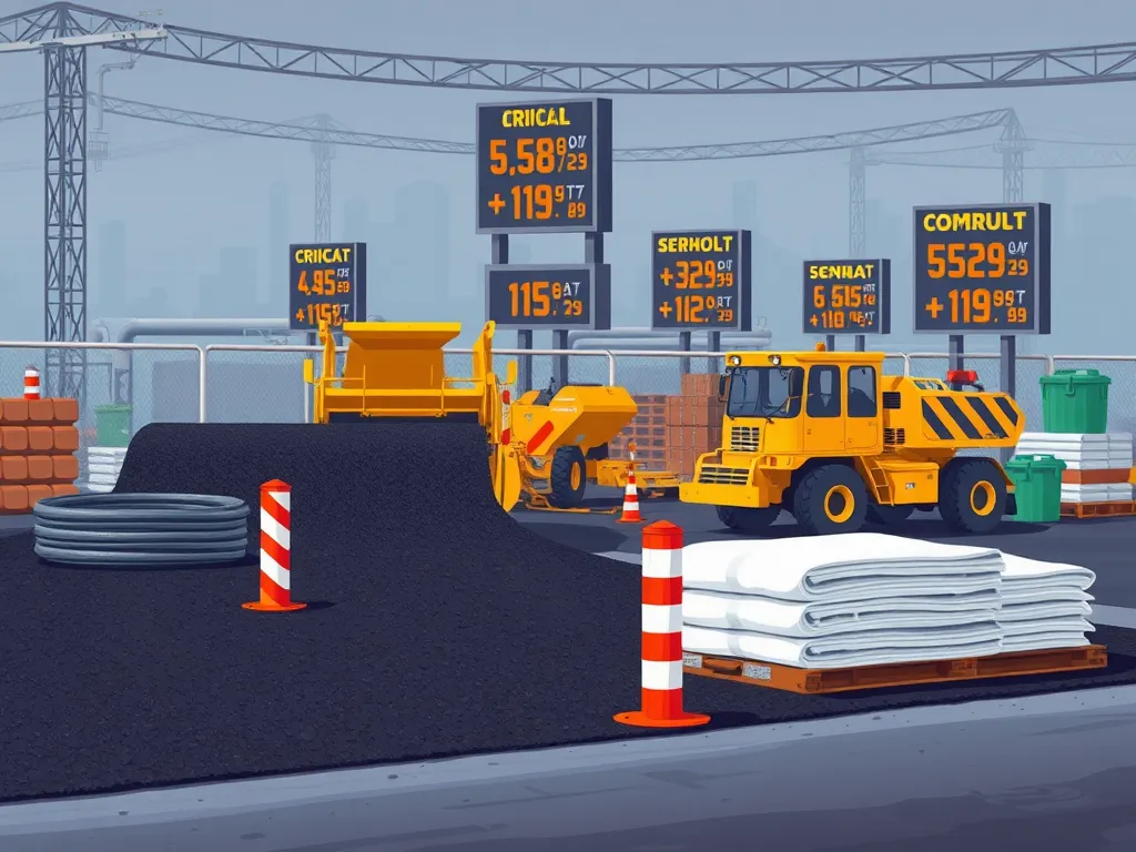 Construction site showcasing asphalt materials and machinery for cost-effective commercial paving.