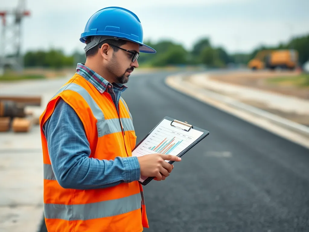 Construction worker reviewing cost estimation for asphalt project