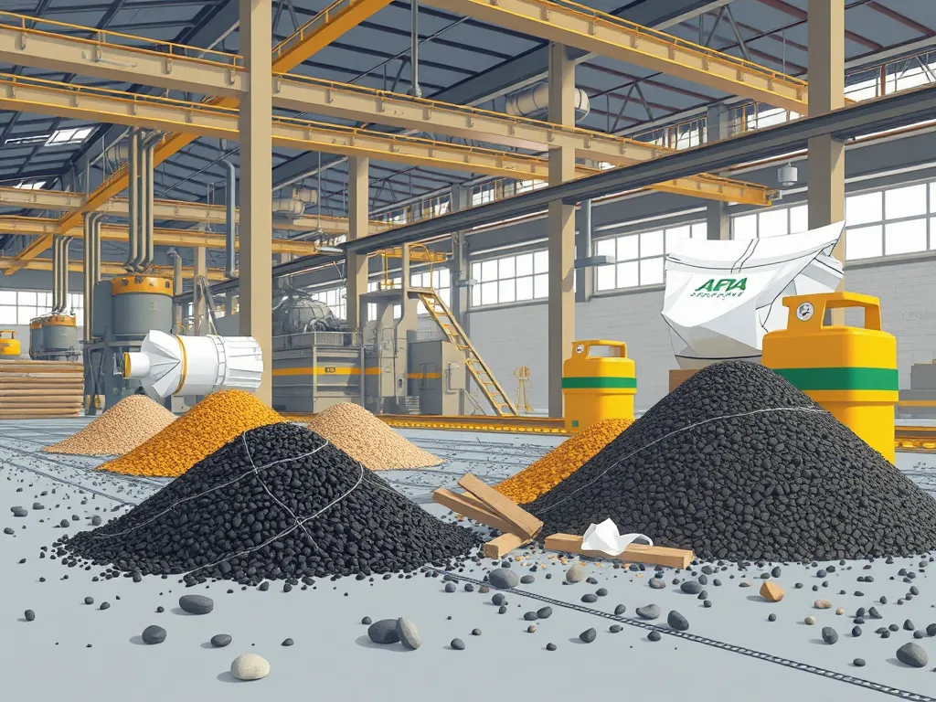 A detailed view of asphalt materials including aggregate piles and processing equipment impacting asphalt costs.
