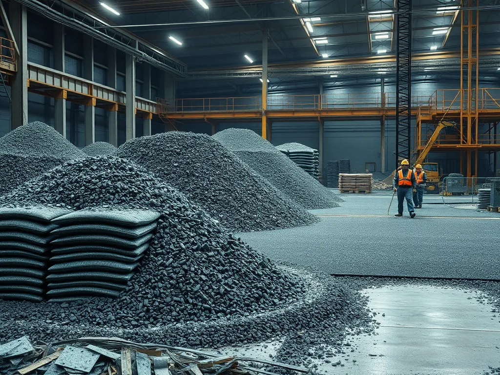 An industrial scene showing piles of asphalt material, relevant to factors influencing asphalt costs.