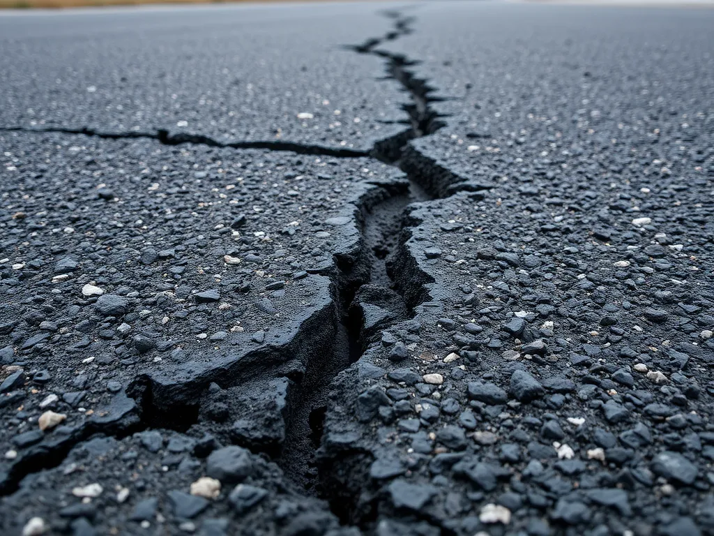Close-up image of a cracked asphalt surface illustrating the causes of asphalt cracking.