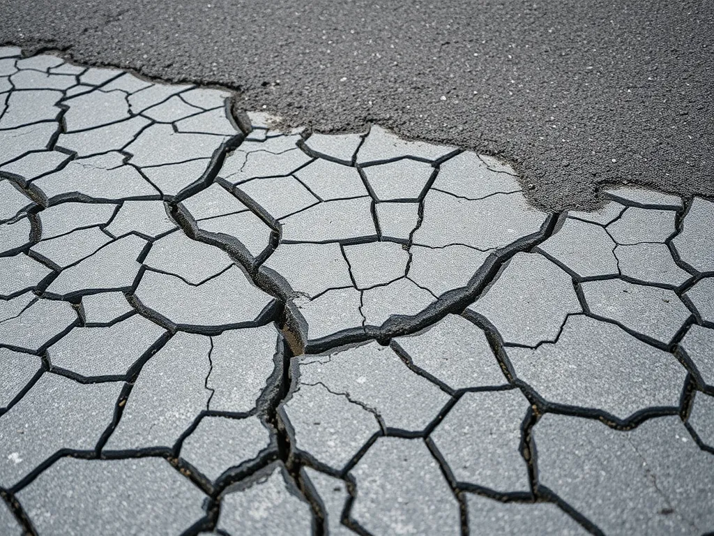 Close-up of cracks in asphalt surface demonstrating the need for crack repair methods.