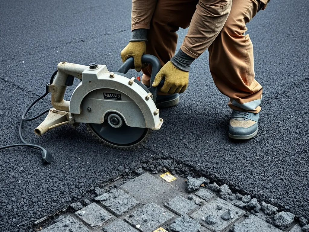 Professional using a saw for asphalt crack repair methods on a damaged surface.