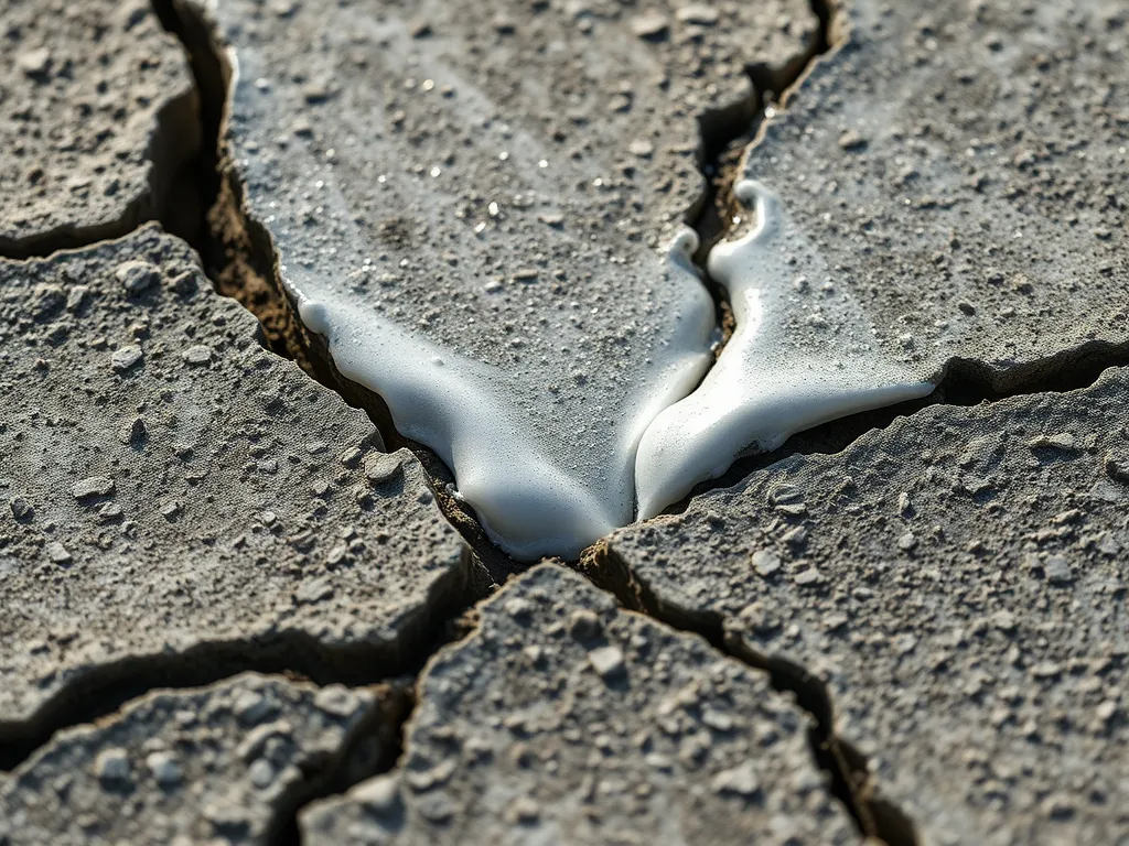 Close-up of asphalt crack filled with repair product for effective sealing
