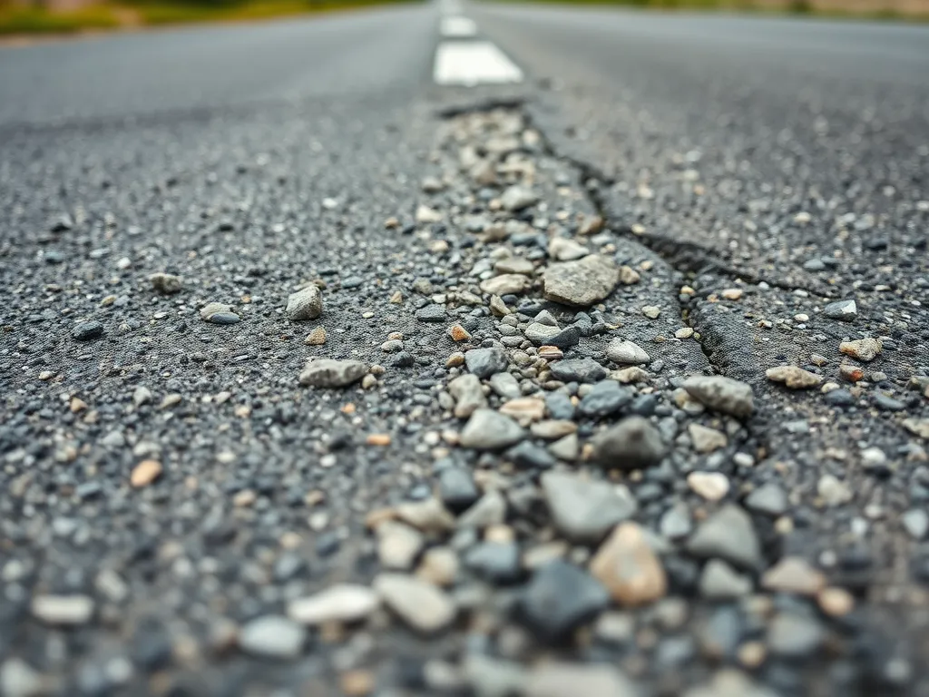 Close-up view of a cracked asphalt surface with pebbles, illustrating common reasons for asphalt cracking.