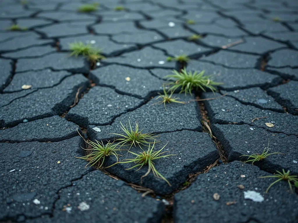 Cracked asphalt surface with grass growing through, illustrating why asphalt cracks.