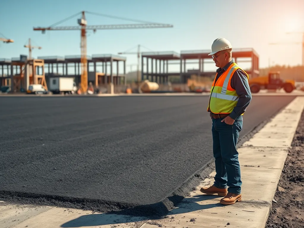 Construction worker inspecting freshly laid asphalt during curing process