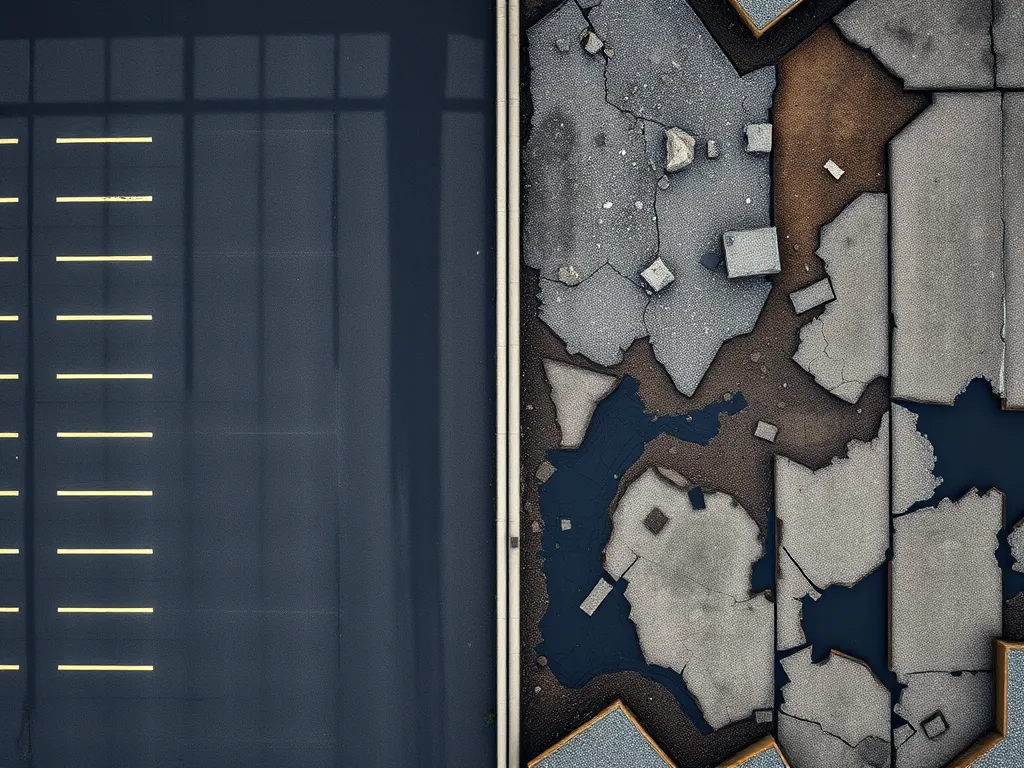 An aerial view of asphalt surfaces showing proper curing techniques and the effects of improper curing.