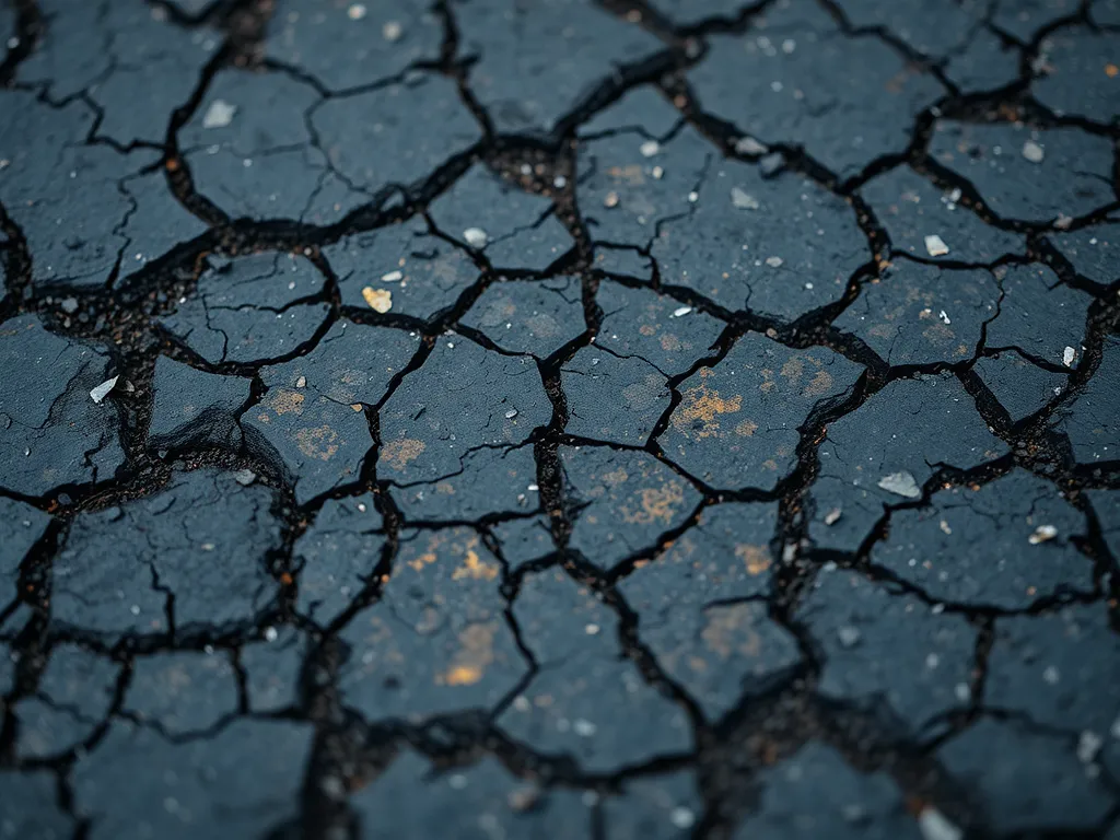 Cracked asphalt surface showing signs of degradation due to heating