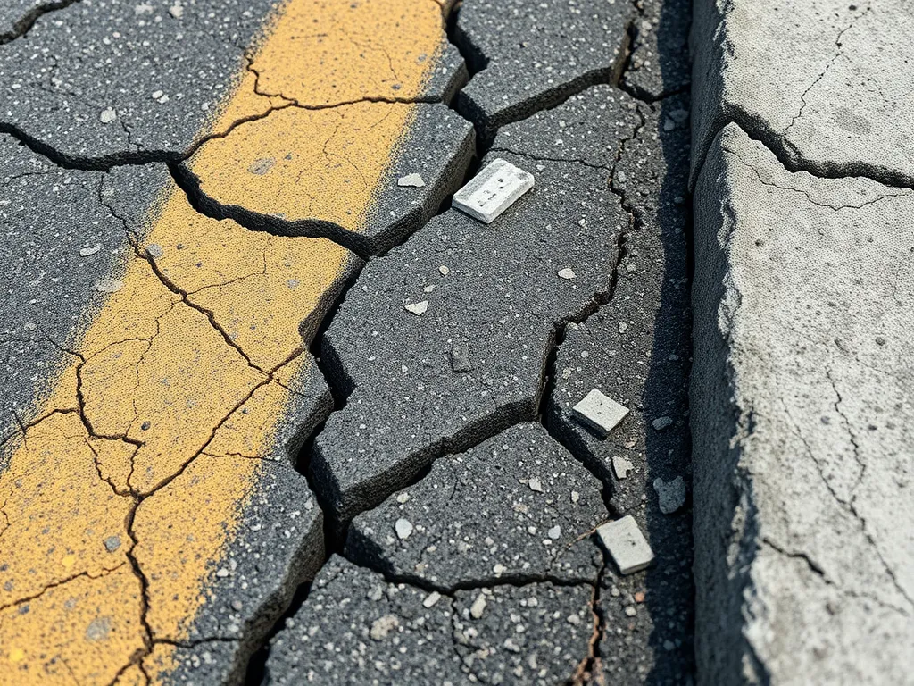 Cracked and degraded asphalt surface showing the effects of heating.