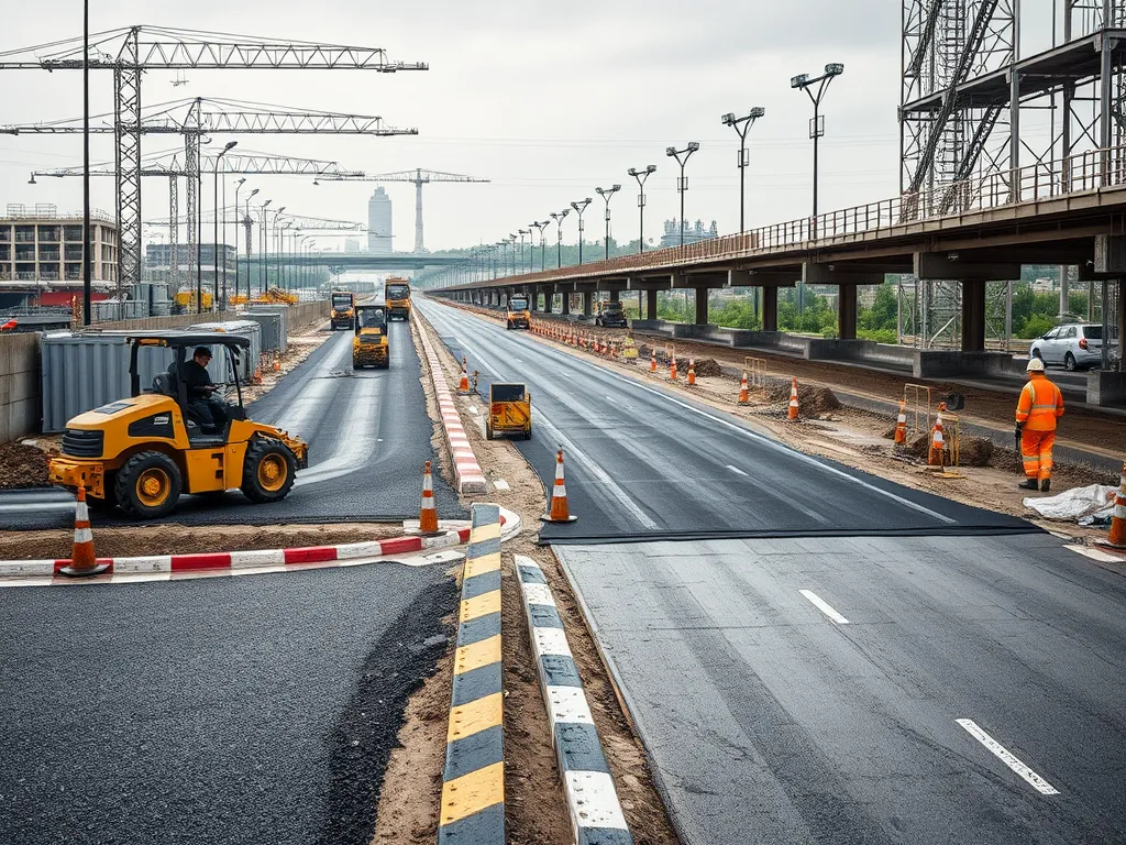 Construction site showing asphalt density application on roads