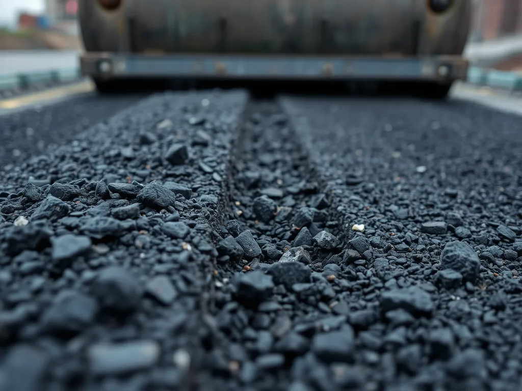 Close-up of asphalt showing density and texture, highlighting its importance in road construction.
