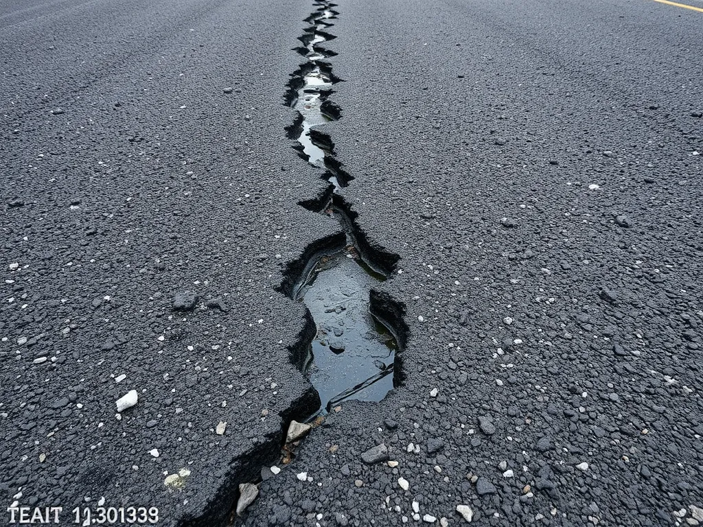 Close-up of cracked asphalt showing water accumulation, highlighting the importance of asphalt density.