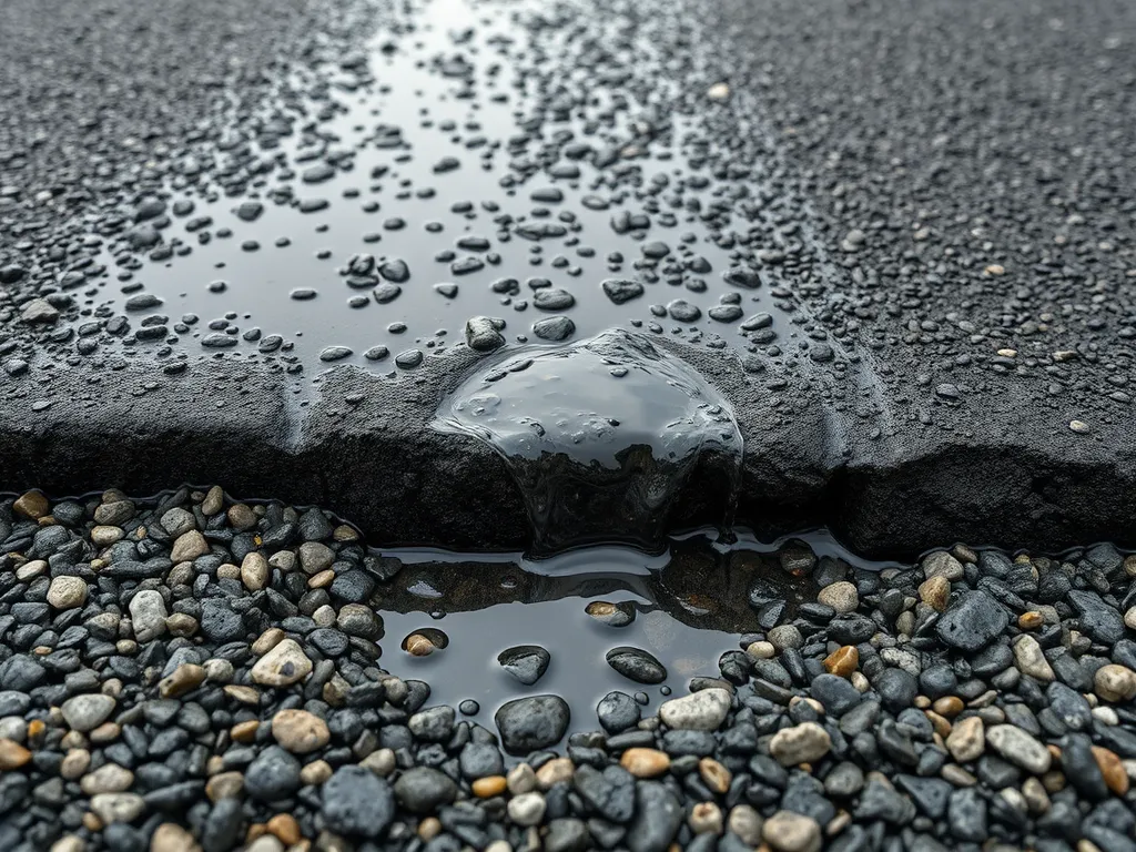 Close-up of standing water on asphalt highlighting the importance of proper drainage in pavement.
