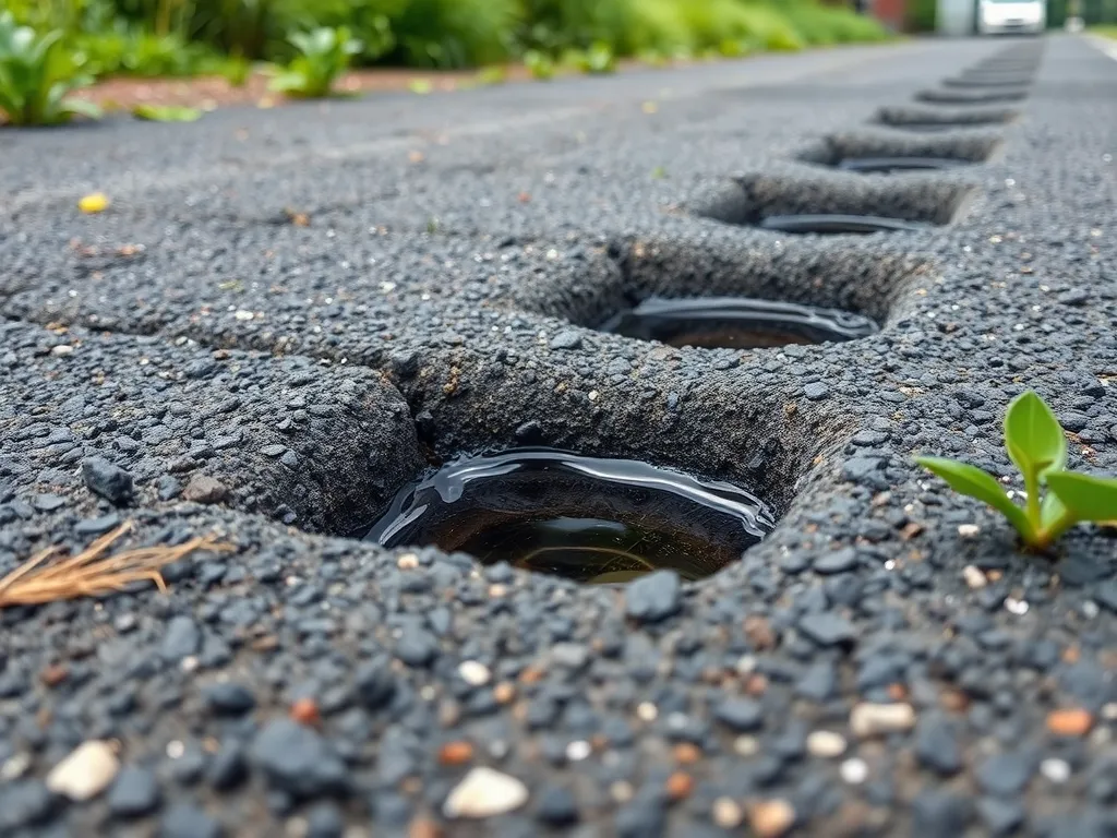 Potholes filled with water on an asphalt road, demonstrating the need for proper drainage in public infrastructure projects.