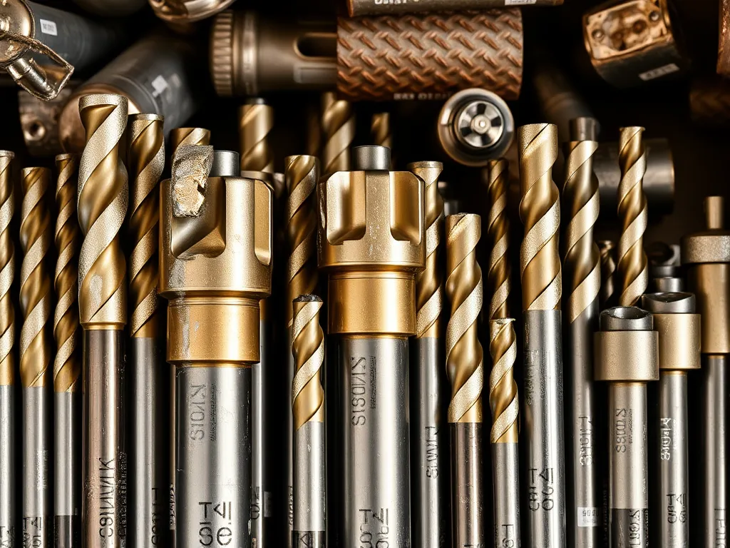 Various drill bits suitable for drilling asphalt driveways, showcasing their different sizes and types.
