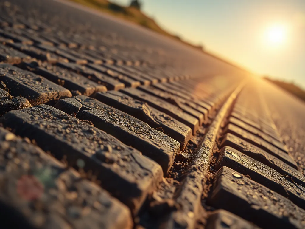 Close-up of asphalt road surface highlighting tire tread patterns and their impact on driver behavior