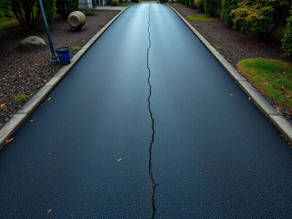 Asphalt driveway with a visible crack illustrating the durability and maintenance aspect of asphalt surfaces.