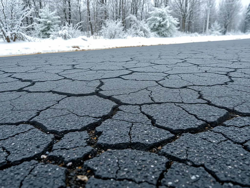 Cracked asphalt driveway showing damage due to weather and wear.