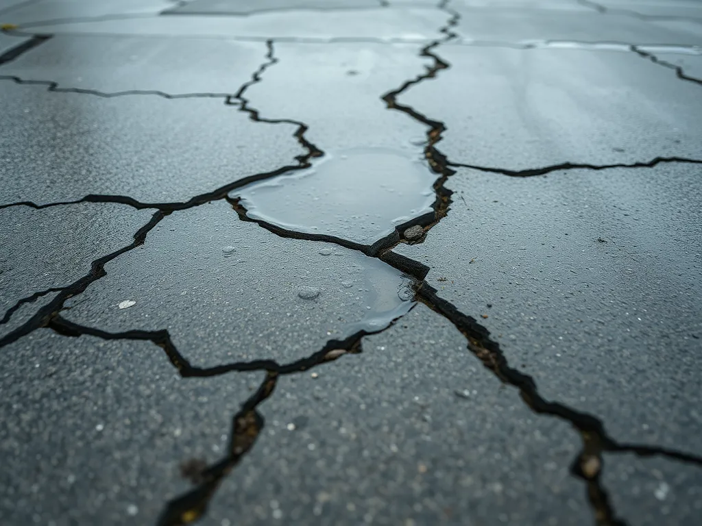 Close-up of cracked asphalt driveway showing water accumulation and damage caused by weather.