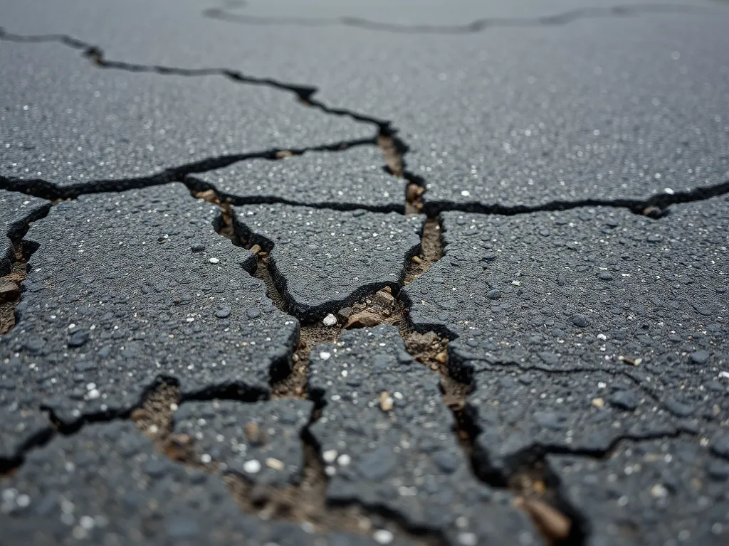 Close-up of cracked asphalt driveway highlighting common causes of asphalt driveway cracking