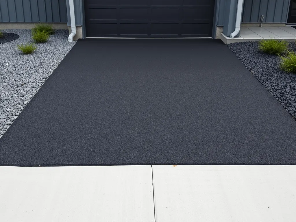 Customized asphalt driveway showcasing a sleek finish and landscaping