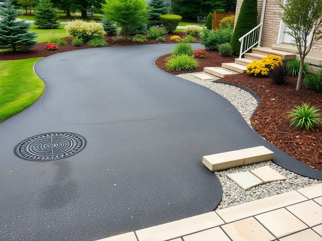Beautifully customized asphalt driveway with landscaping features