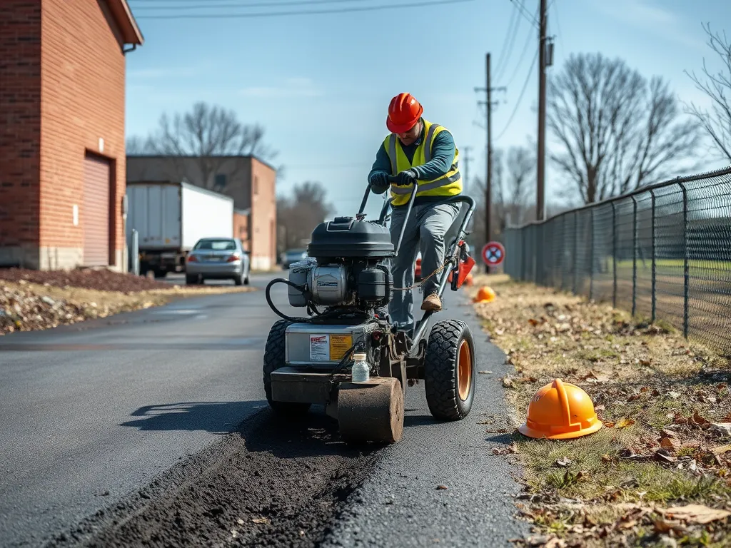 Worker using a machine for excavation in an asphalt driveway project.