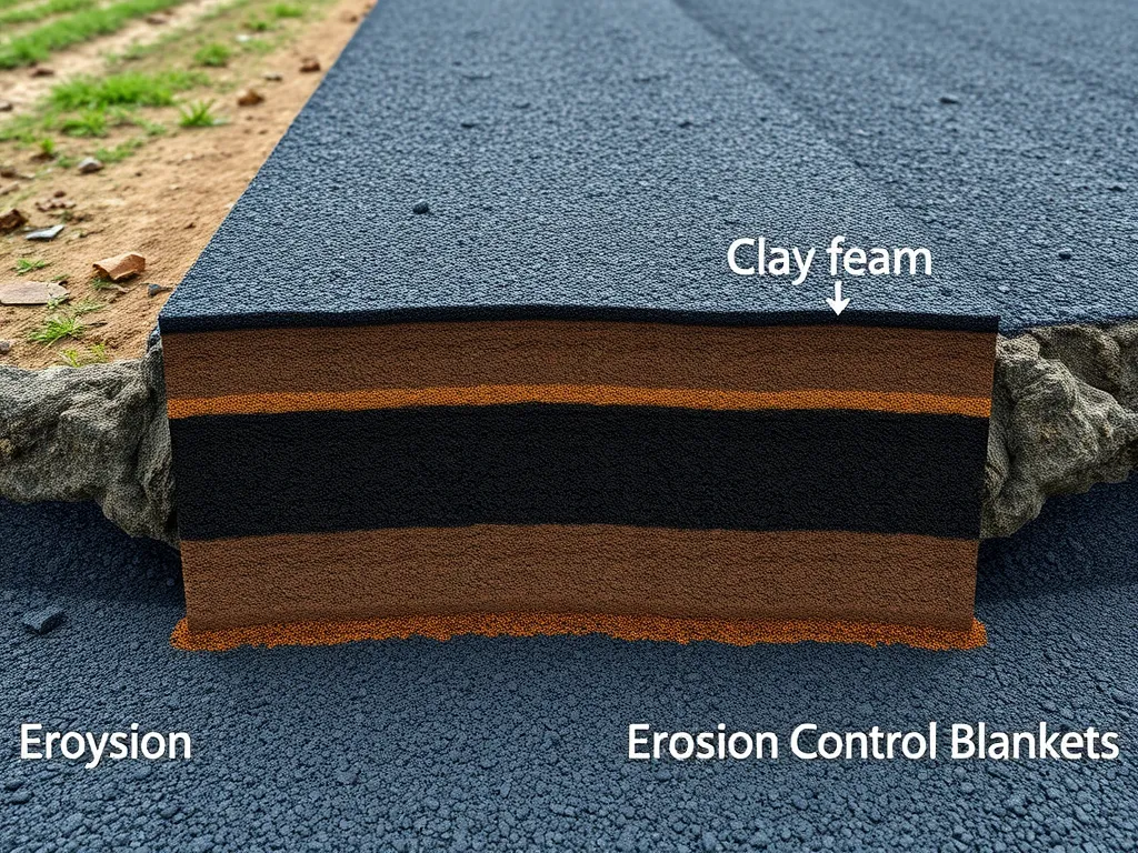 Detailed diagram showing excavation layers for asphalt driveway including clay seam and erosion control blankets for best practices.