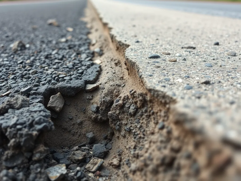 Close-up of damaged asphalt showing deterioration for driveway health inspection tools