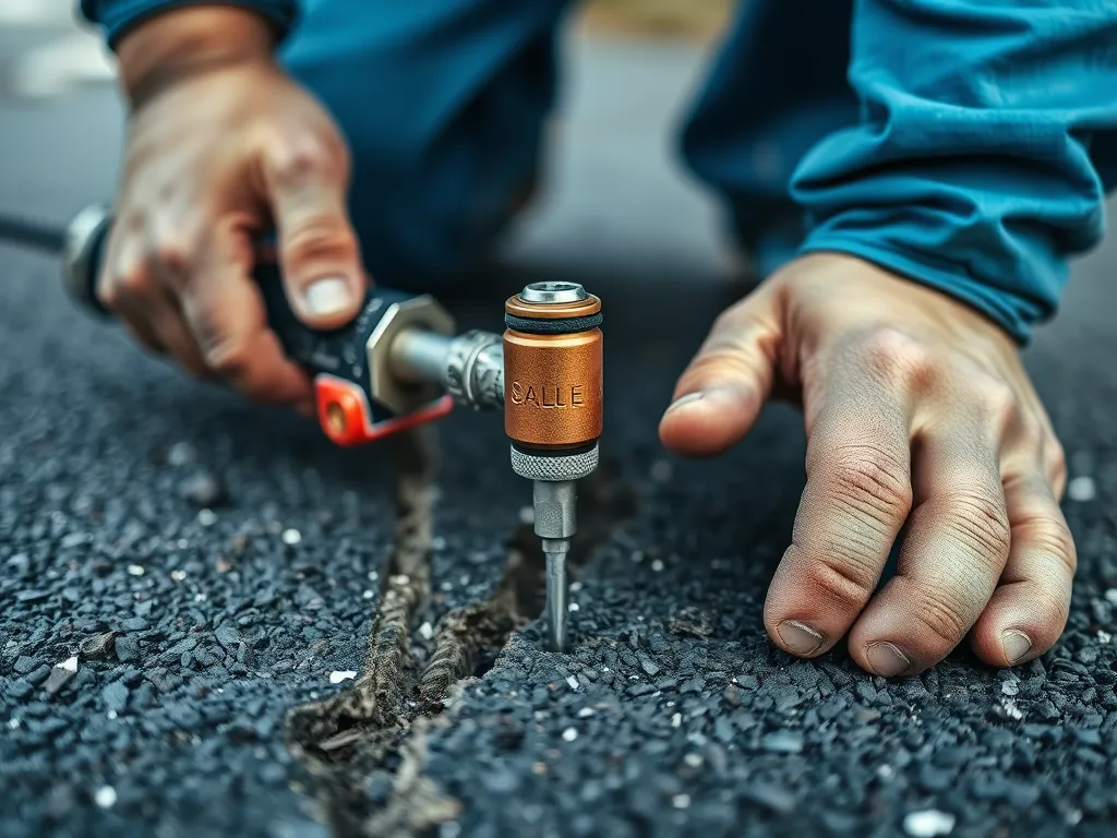 Close-up of a tool being used to inspect the health of an asphalt driveway