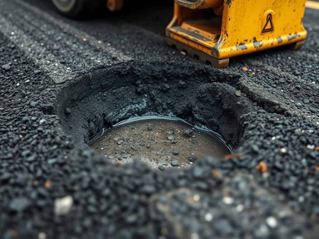 Close-up of a pothole on an asphalt driveway showing damage and water accumulation, relevant to how long do asphalt driveways last.