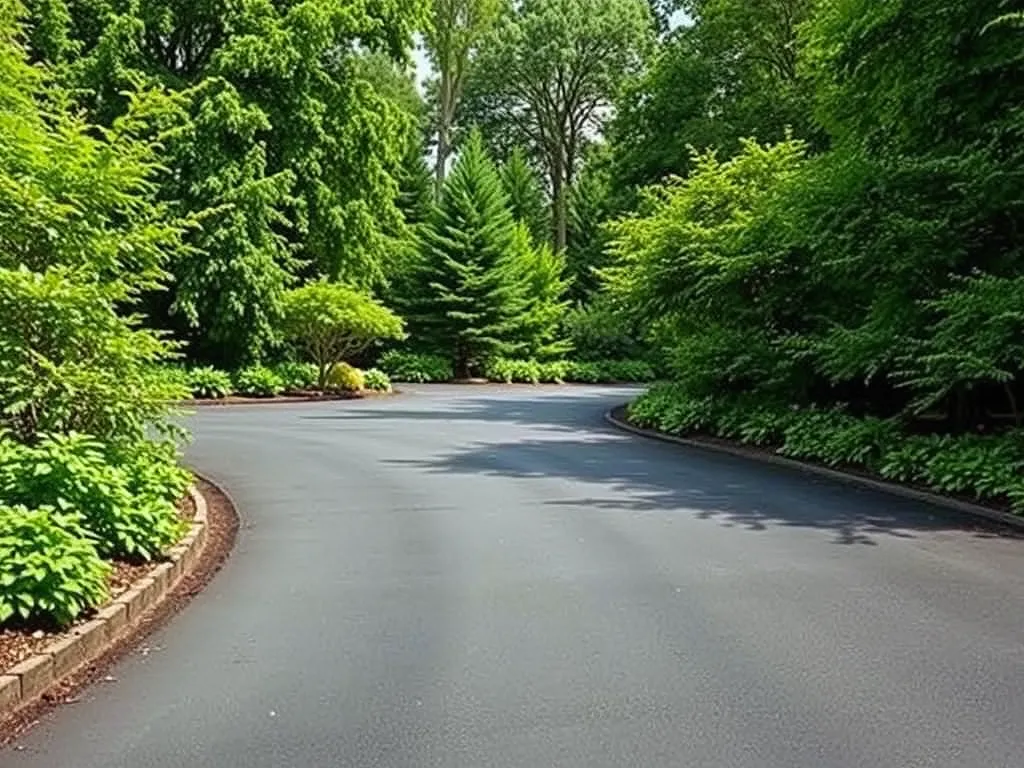 Well-maintained asphalt driveway surrounded by greenery emphasizing maintenance importance